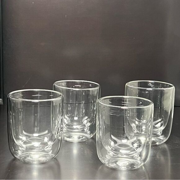 Double Wall 2 Layer Insulated Hand Blown 4 Piece Glass Set 4.25” x 4” - Picture 1 of 7